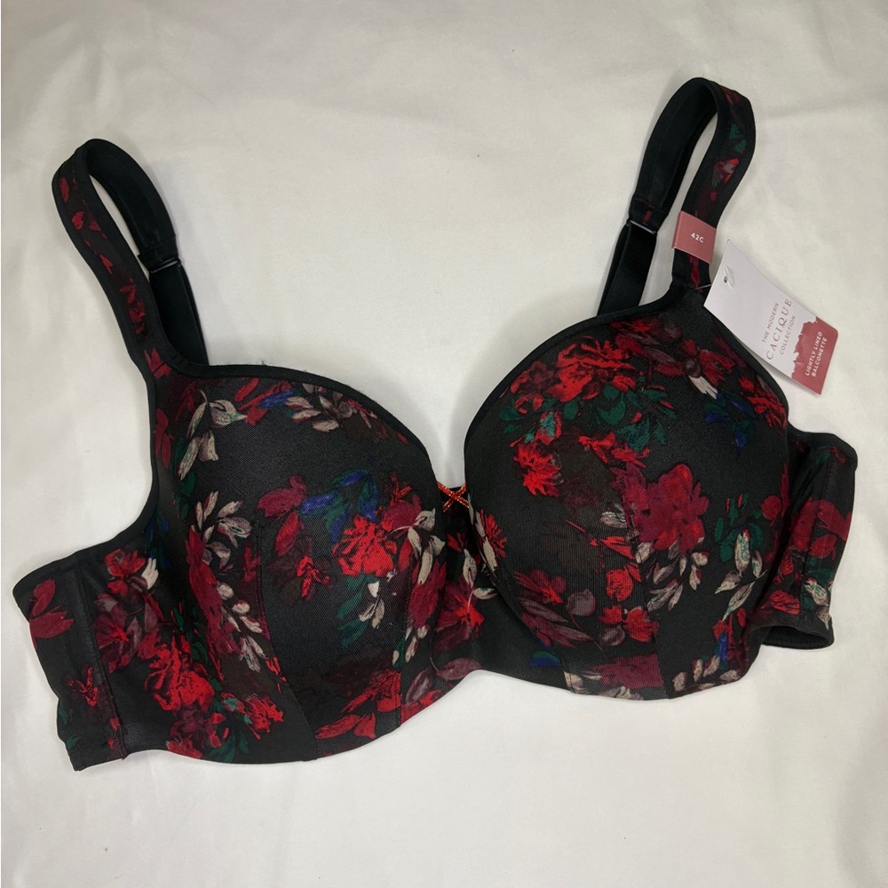 The Modern Cacique‎ Collection  Black and Red Floral Bra NWT Size 42C NWT - Picture 2 of 5